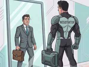 Illustration of a superhero with "NEGOTIATOR" written across his back standing before a mirror, which reflects a anxious businessman in a suit holding a briefcase, illustrating commercial negotiation leverage and avoiding self-doubt.